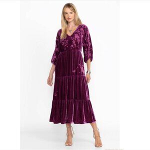 New! Johnny Was Silk-Blend Velvet Dolman Tiered Dress in Plum Women's Size S